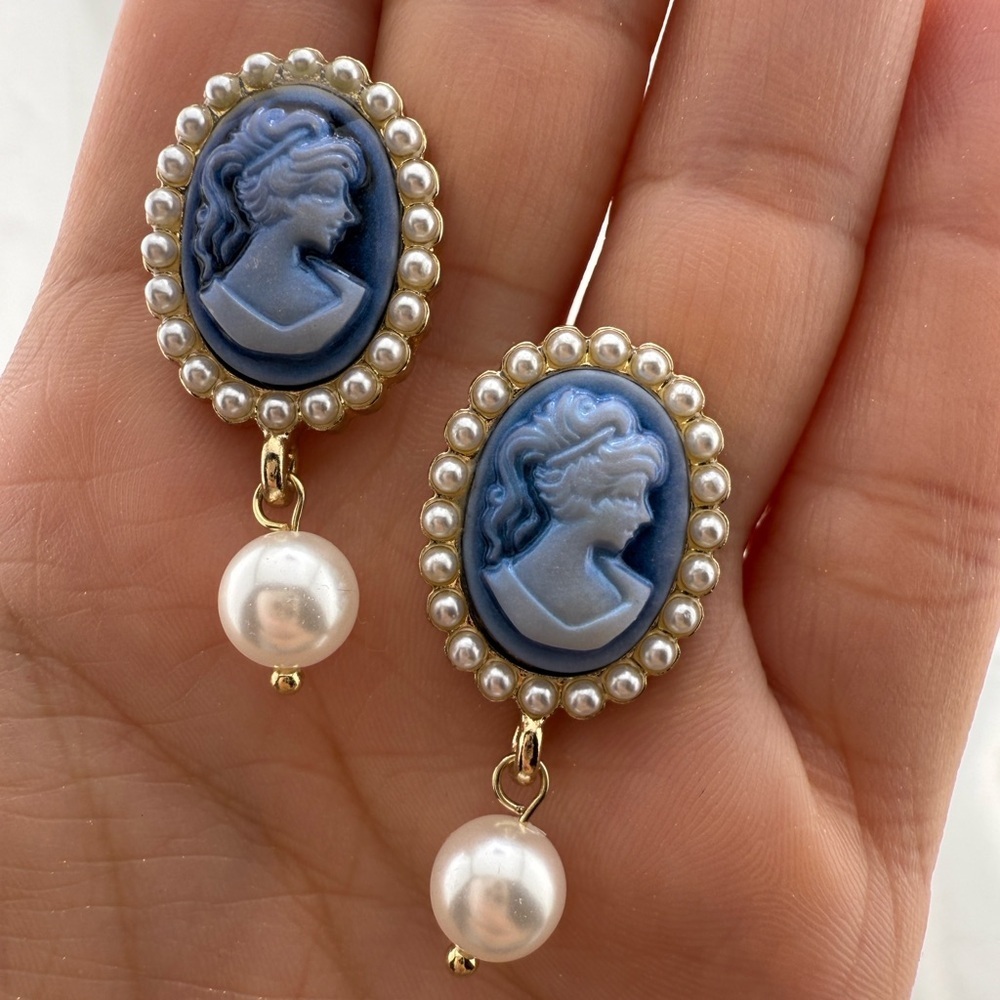 Victoria vintage gold color Blue oval Cameo Pearl Drop Earrings